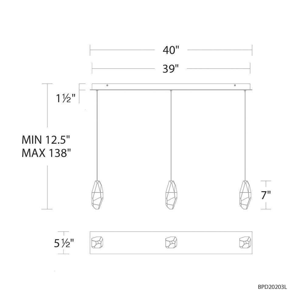 Martini 3 Light 120-277V Multi-Light Pendant (Linear Canopy) in Black with Optic Haze Quartz